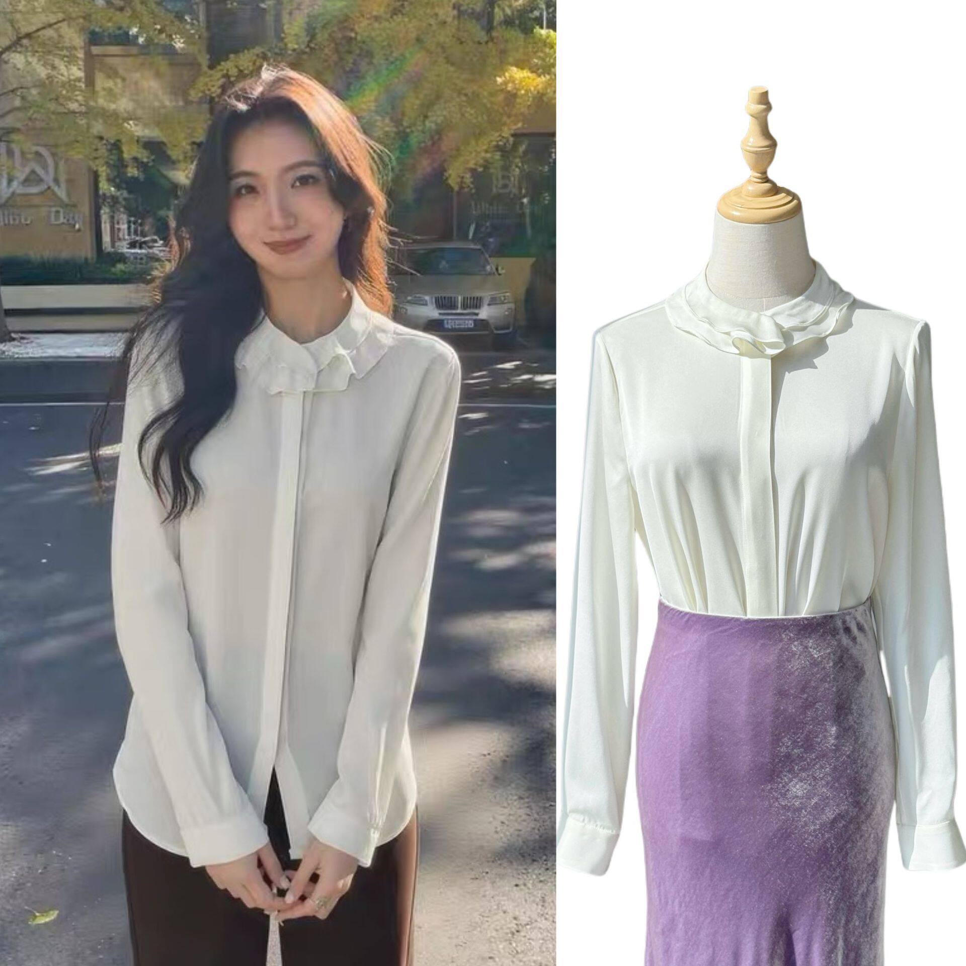 双乔花苞&middot;复古浪漫气质花苞领真丝双乔缎白衬衫2026春季新款包邮