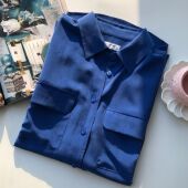 eq高饱和度克莱因蓝真丝双绉长袖 包邮 双口袋宽松衬衫 女上衣26年春