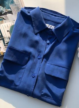 eq高饱和度克莱因蓝真丝双绉长袖双口袋宽松衬衫女上衣26年春包邮