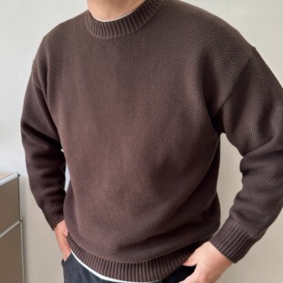 大依无忧大码男装冬新款纯色宽松胖人加肥加大男款圆领毛衣针织衫