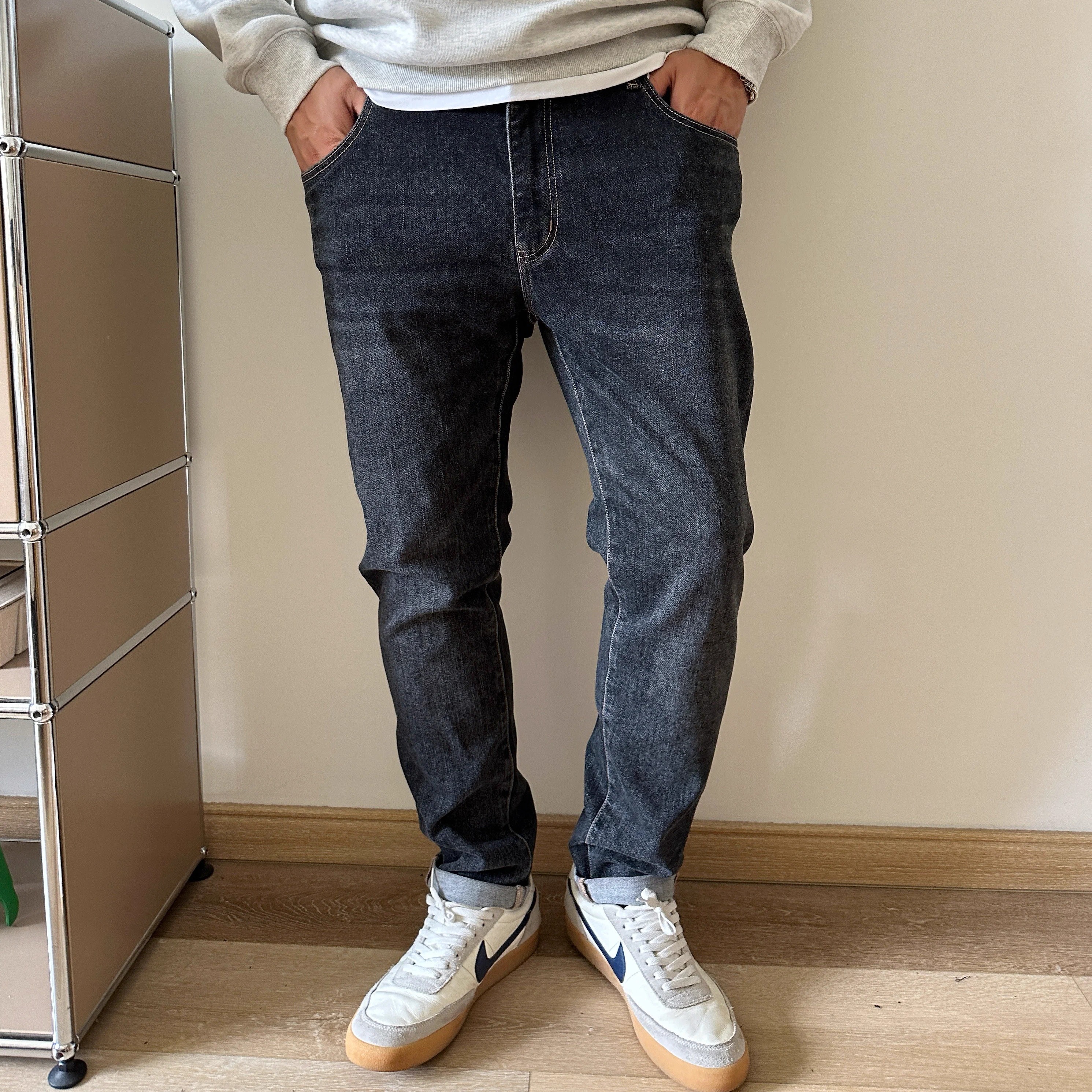 春秋款牛仔裤弹力长裤大码黑灰色