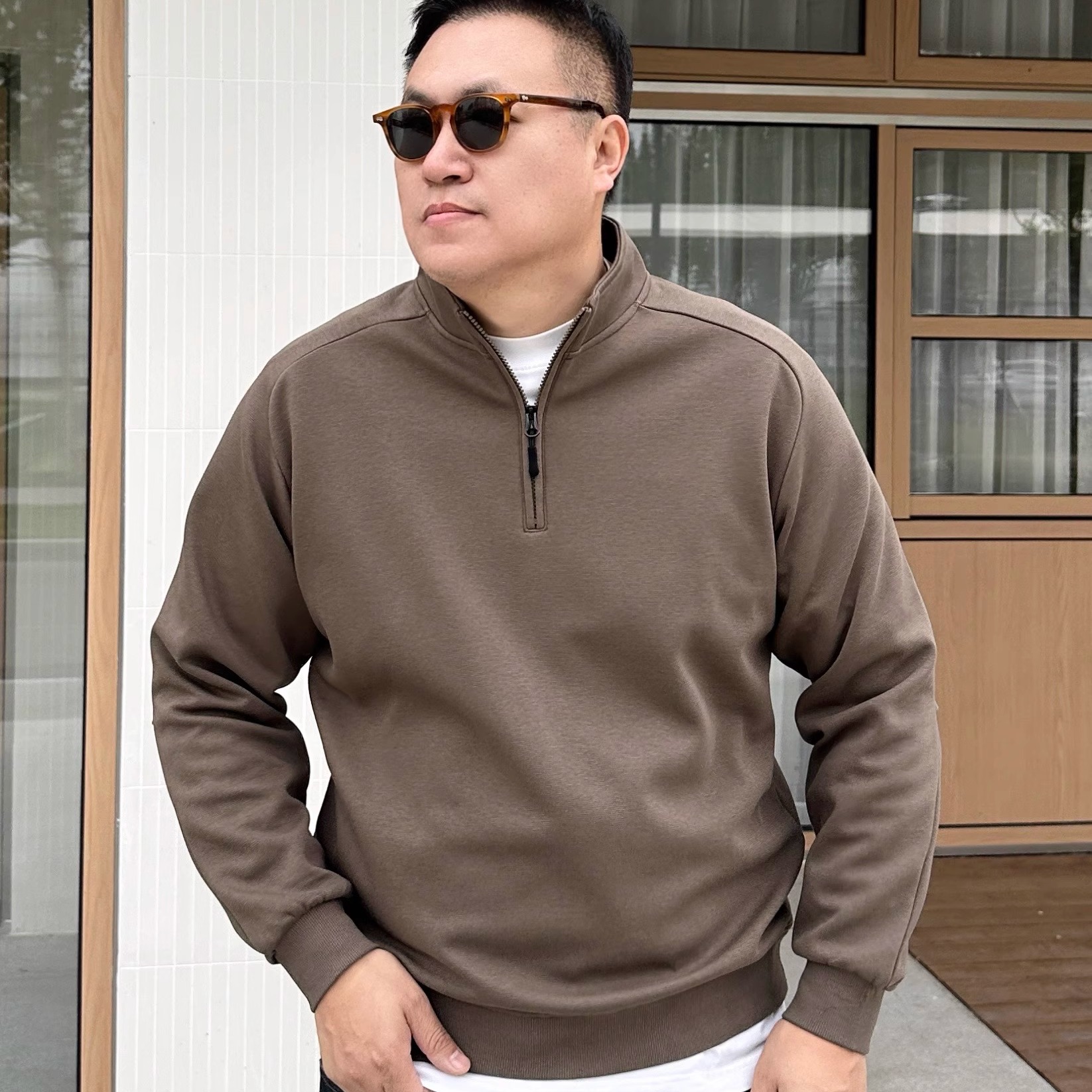 大依无忧大码男装春秋款半拉链打底衫潮胖人加肥加大男士休闲卫衣