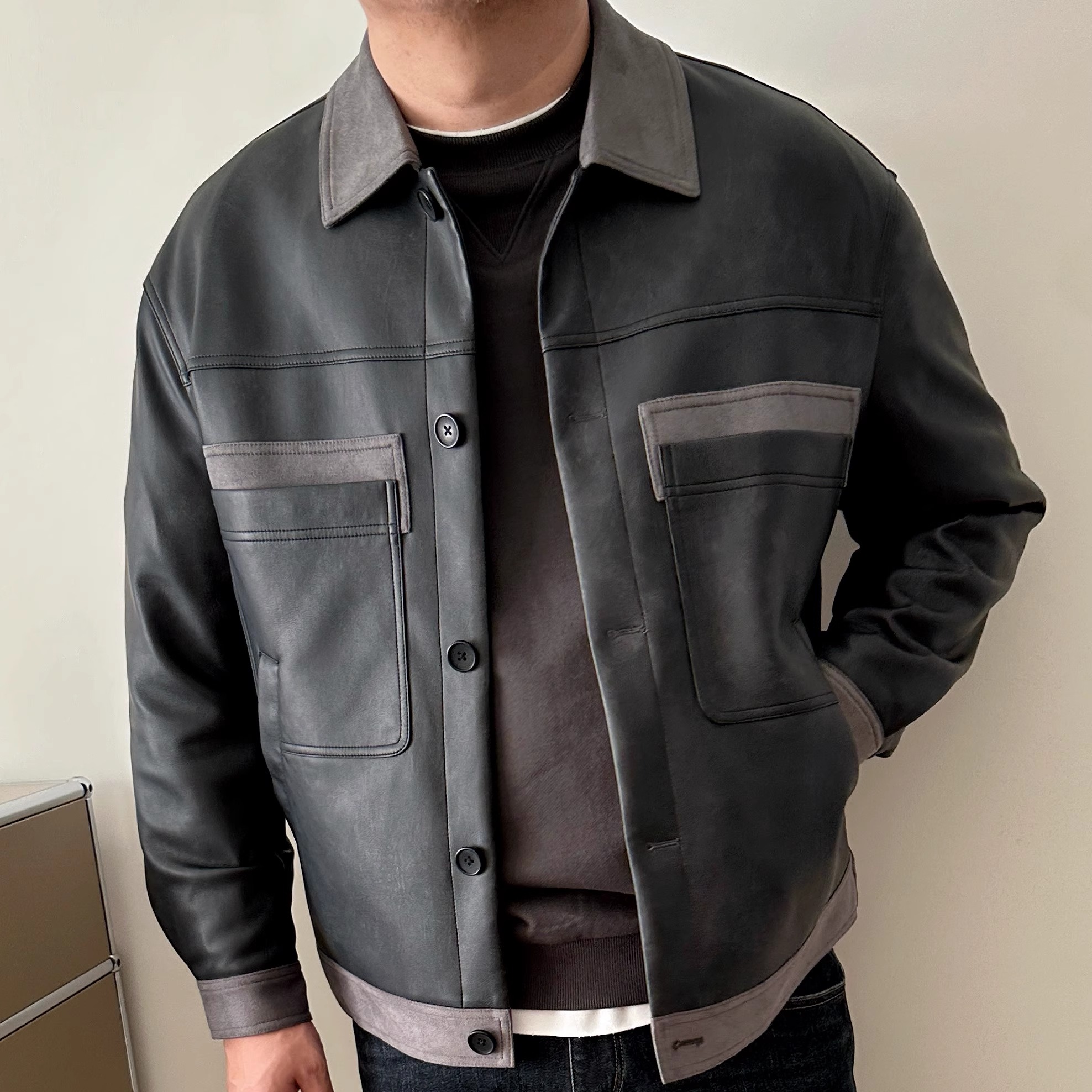 DAEVU大码男装春秋款拼色雅痞风加肥加大男士短款pu皮衣夹克外套