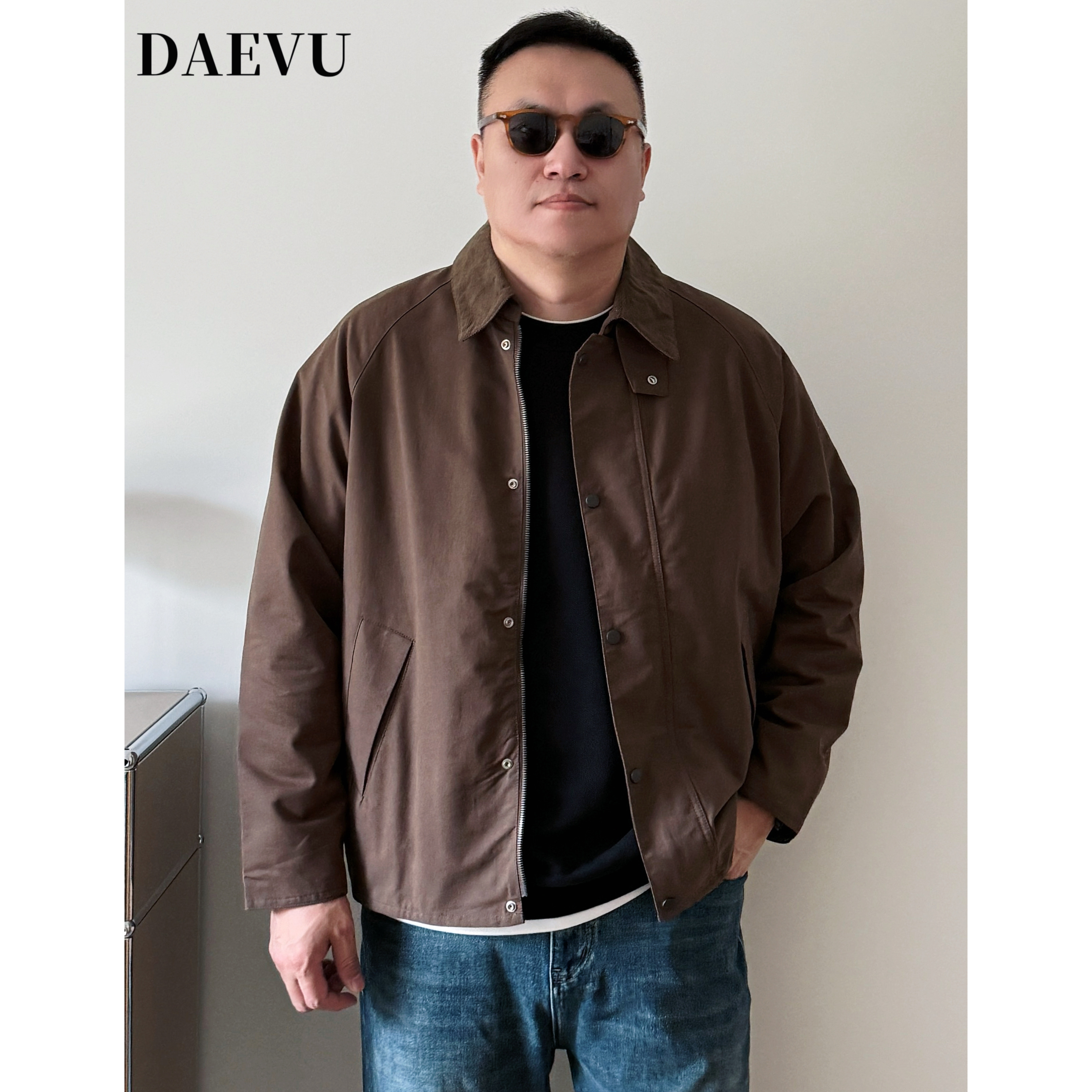 DAEVU大码男装秋季加肥加大男士短款灯芯绒翻领复古休闲夹克外套