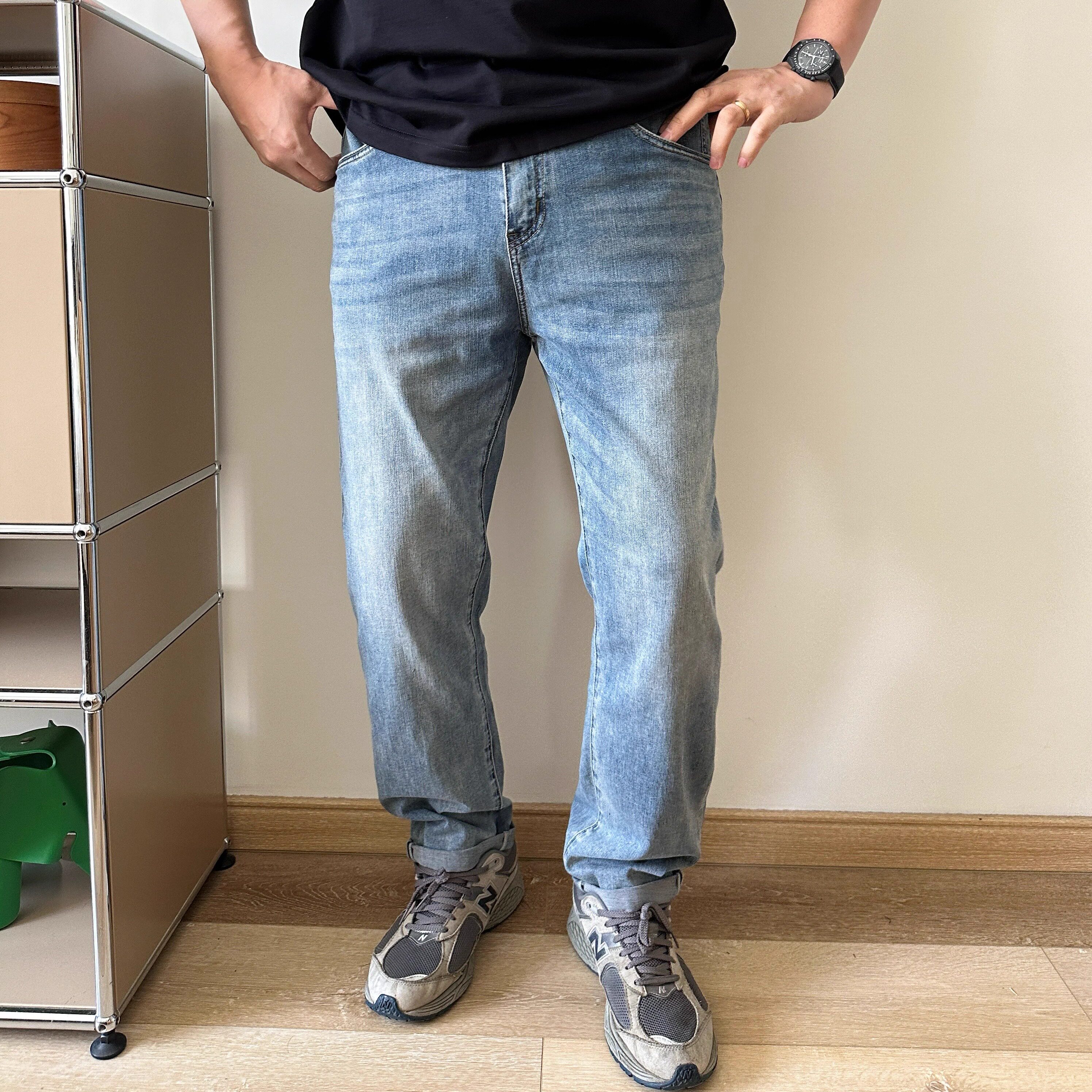 DAEVU大码男装春夏薄料浅蓝水洗弹力修身直筒加肥加大男士牛仔裤