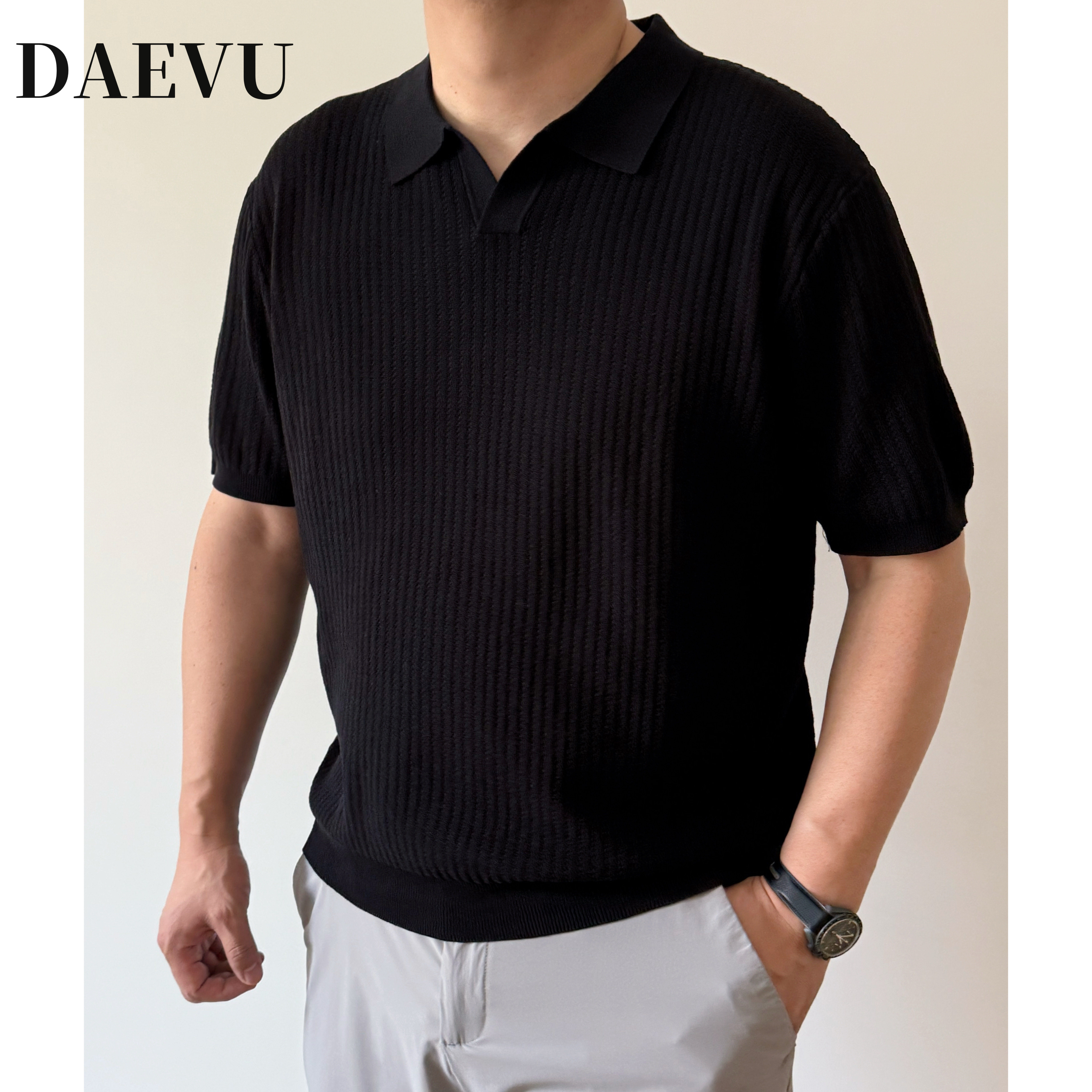 大依无忧大码男装夏季松弛帅气加肥加大男款海鸥领薄料针织衫短袖