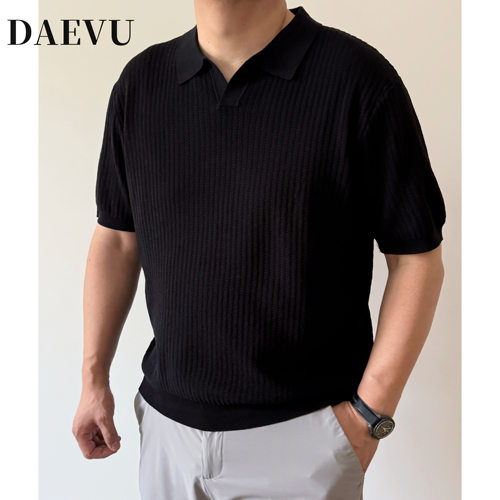 大依无忧大码男装夏季松弛帅气加肥加大男款海鸥领薄料针织衫短袖