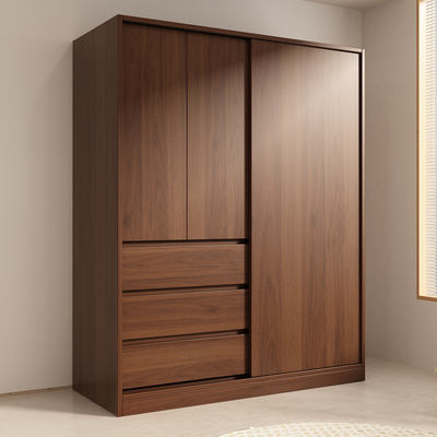 实木大衣柜中古风家用卧室推拉门收纳储物柜定制小户型移门挂衣橱