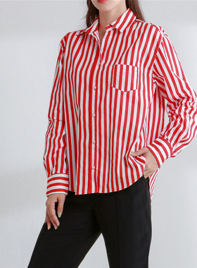 za19ra女装条纹府绸衬衫bf设计红白色坚条纹衬衫长袖宽松中长款女