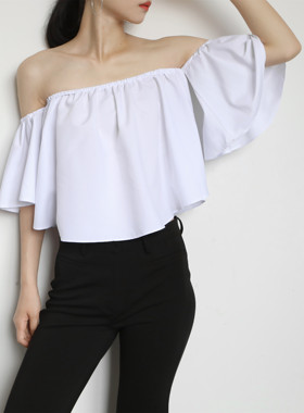新款一字领露肩上衣喇叭袖荷叶边外穿度假休闲抹胸上衣短款露腰夏