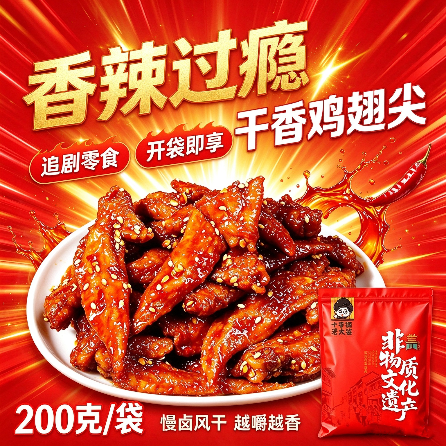十字街老太婆老卤鸡翅尖甜辣卤味小吃追剧零食下酒菜香辣鸡肉熟食