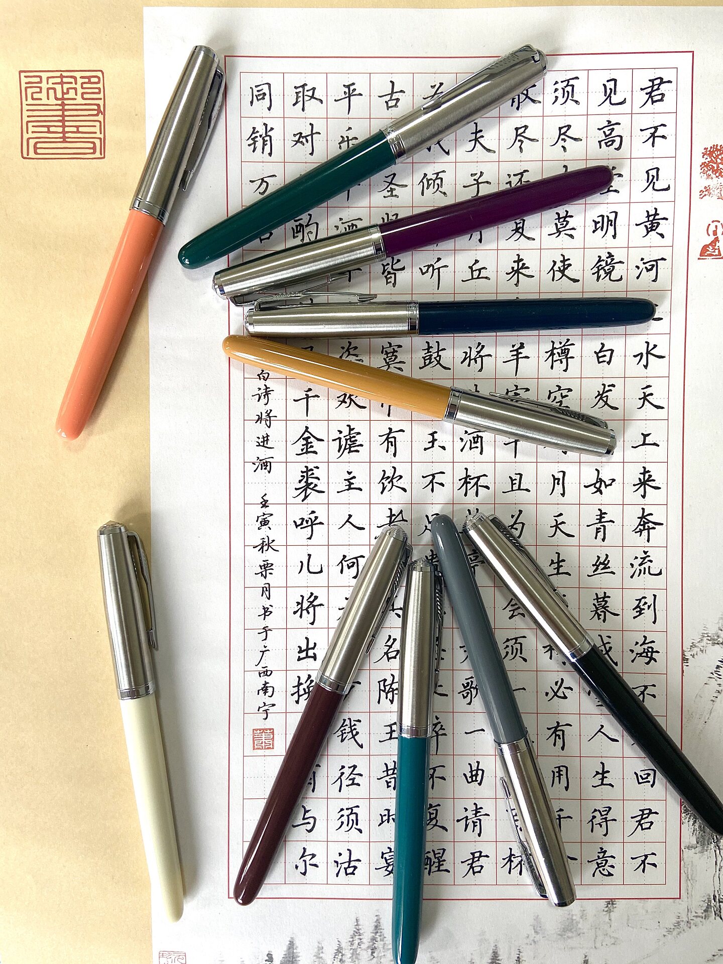 金豪86/85旋转帽木杆钢笔长刀风书法练字日用办公学生暗尖复古笔 - 实物图