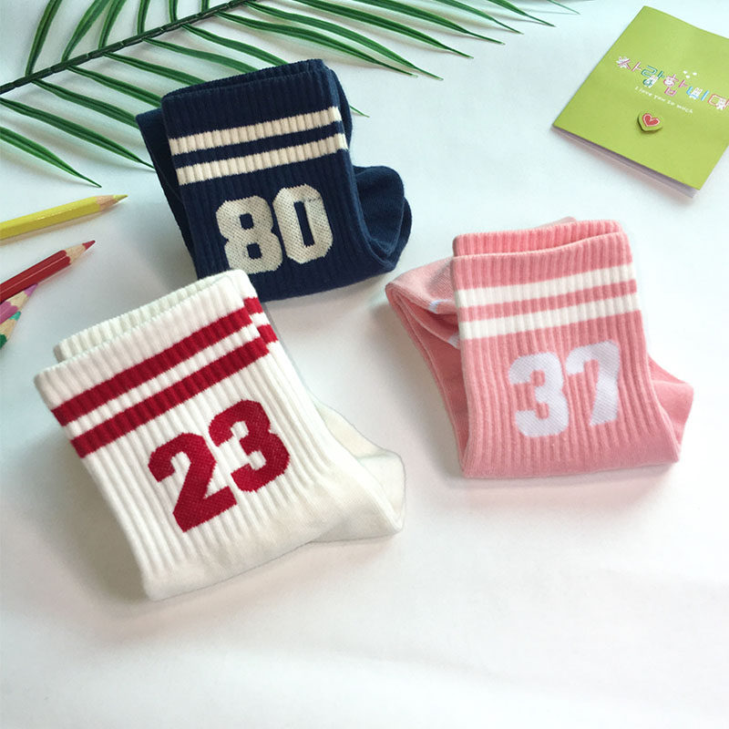 韩国纯棉中筒袜女配小白鞋两条杠运动学院风好看的袜子23号数字56