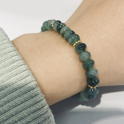 天然缅甸A货蓝飘花翡翠手链女鼓珠手串金色隔珠蓝绿色山水意境