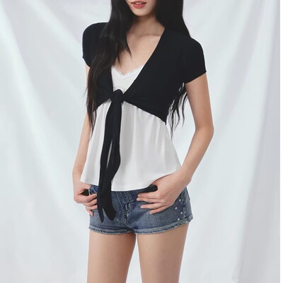 weekendhub慵懒撞色绑带开衫吊带两件套短袖女设计感小众春季上衣