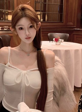 JOEY 淡人香气推荐 仿水貂毛挂脖一字领打底长袖修身短款显瘦上衣