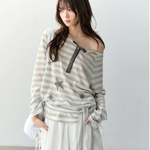 原创慵懒感星星印花条纹翻领露肩微透宽松t恤罩衫 女 Season Soote