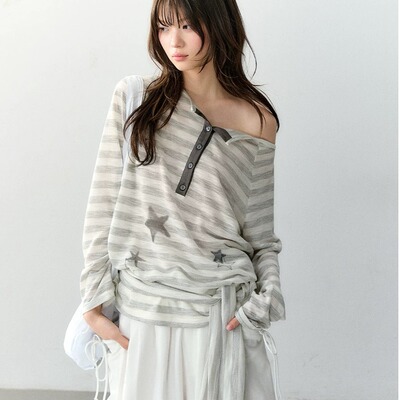 Soote Season 原创慵懒感星星印花条纹翻领露肩微透宽松t恤罩衫女