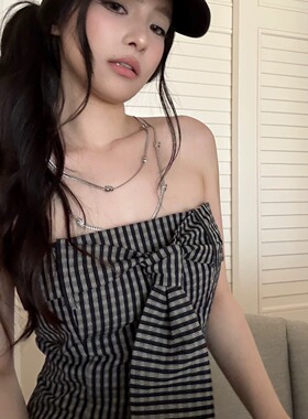 Wuu2sweet吴太甜 绑带设计感条纹抹胸背心女夏季修身显瘦露肩上衣