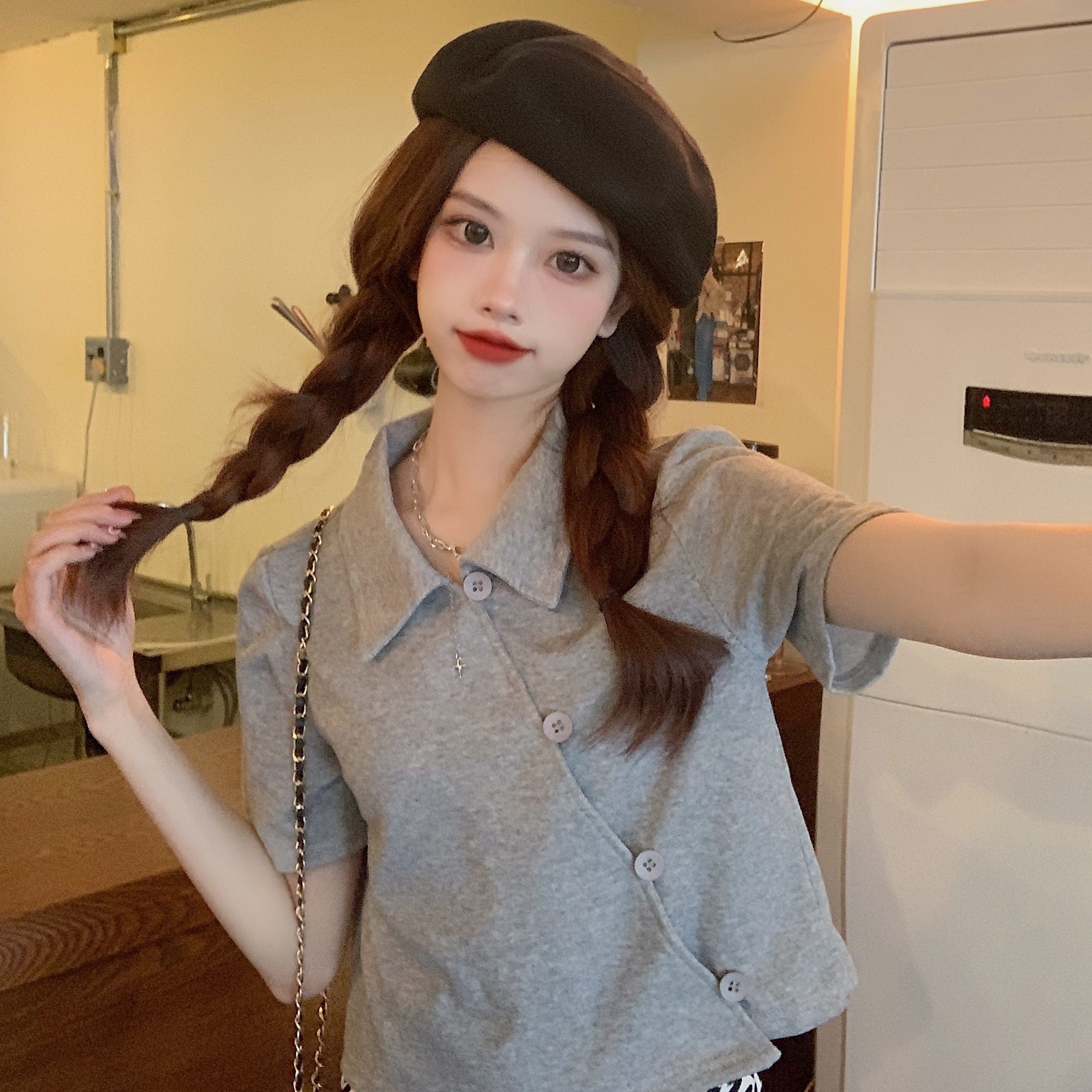 Real price - summer new Korean polo collar loose top slim short sleeve slant button T-shirt
