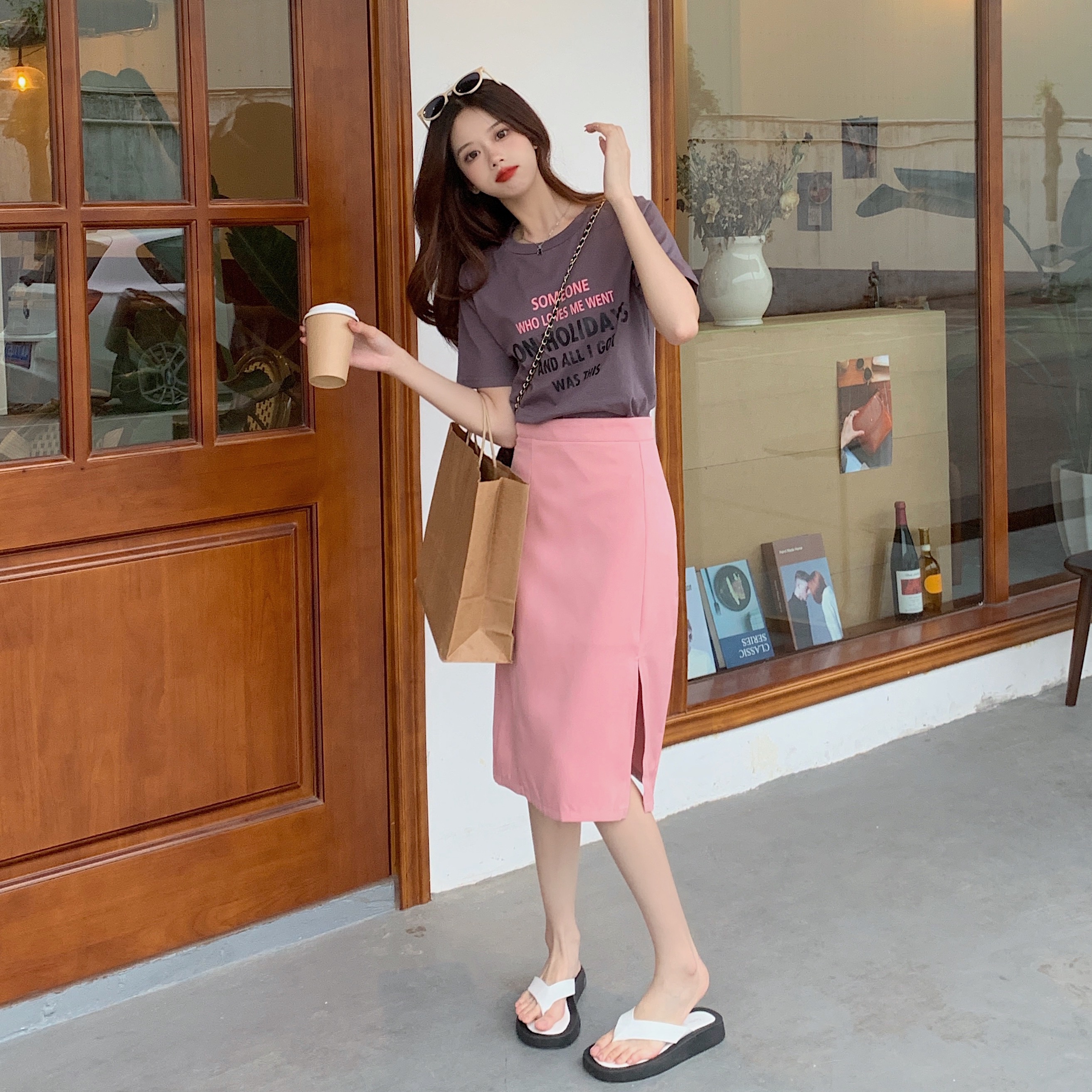 Real price - letter printed T-shirt + 2-piece split skirt