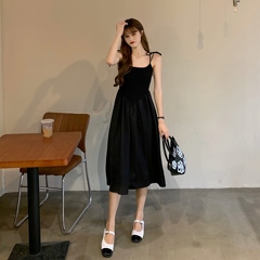 Real price - suspender dress summer women's dress sweet French Black Medium Long A-line skirt