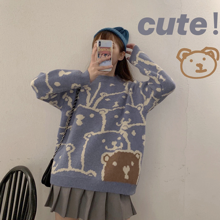Korean version of loose and versatile jacquard bear T-shirt women's super fire ins foreign style sweater