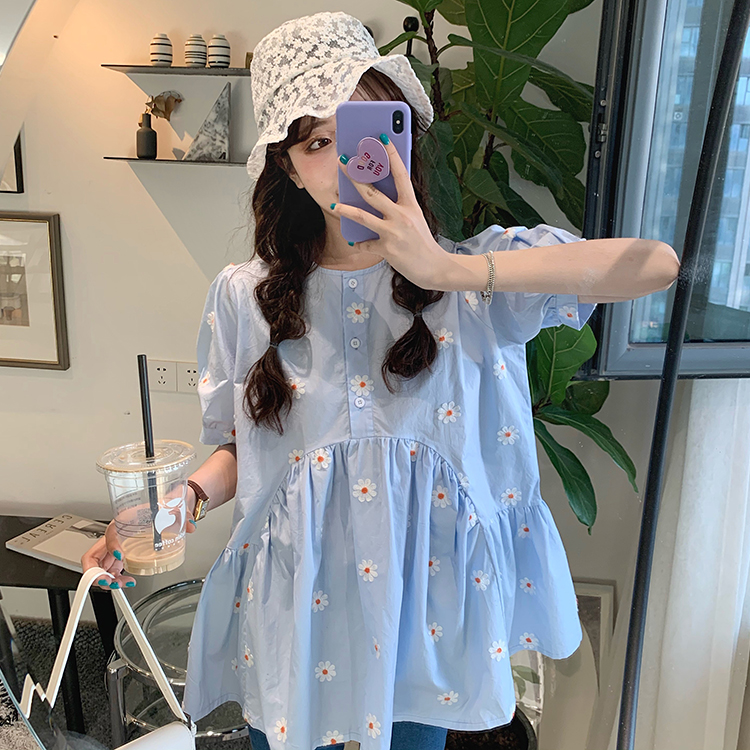 Real price small daisy print shirt women's sense of design niche new pleated shirt