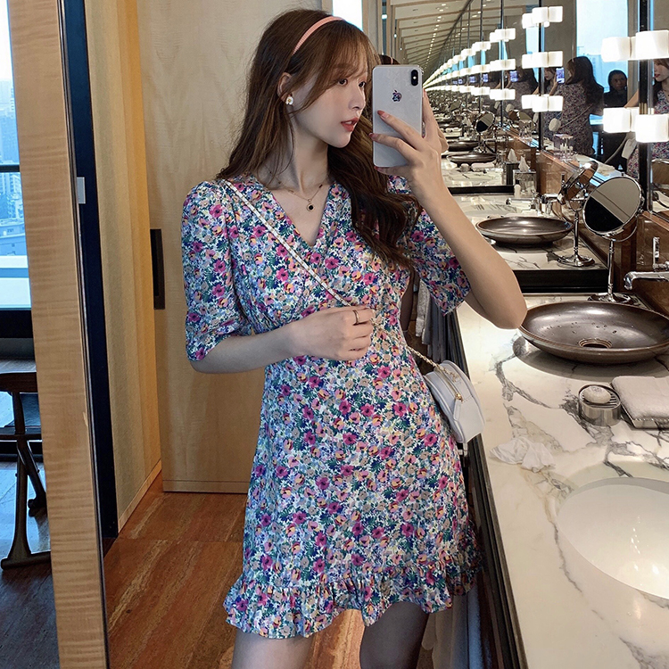 Real photo real price plus floral dress women's Retro collar Korean version slim bubble sleeve skirt