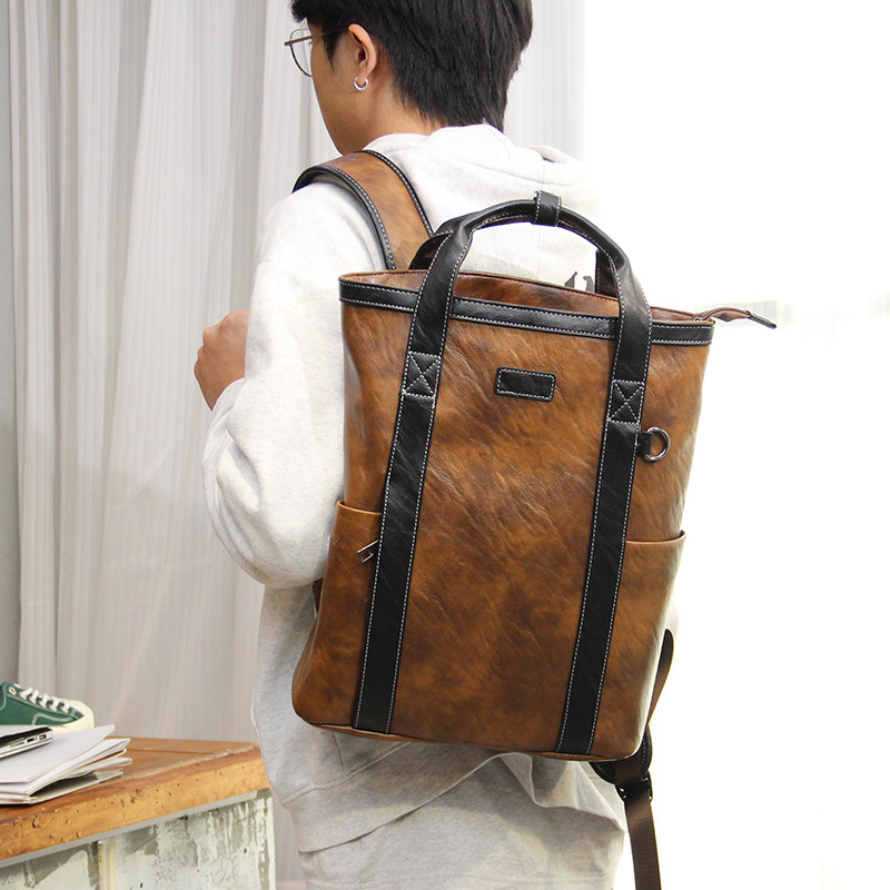 复古个性双肩包电脑背包日韩多功能竖款手提托特包大容量文件包潮