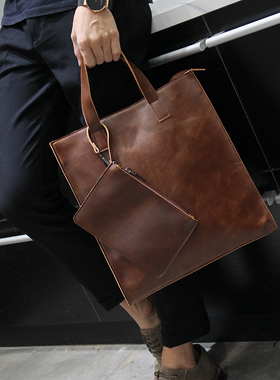 英伦复古商务手提包休闲时尚疯马皮邮差单肩斜跨托特包男tote包