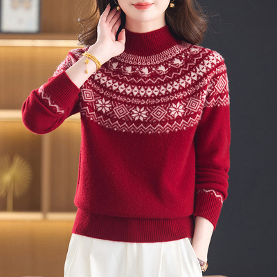 100%纯羊毛红色半高领毛衣女