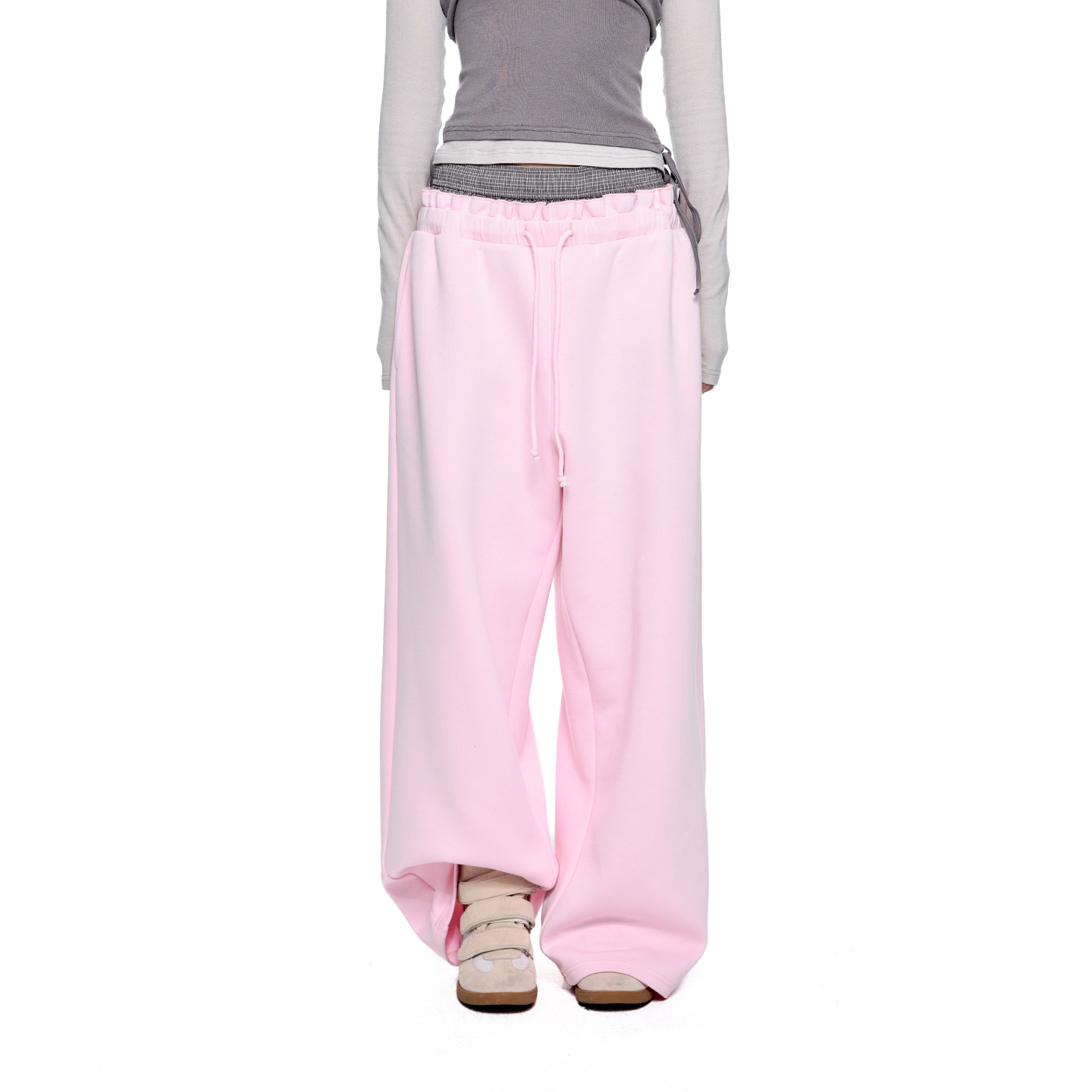 thumbnail for EZEK plaid panel waist drawstring sweatpants women's spring vintage loose sweatpants fake two pieces straight leg slacks