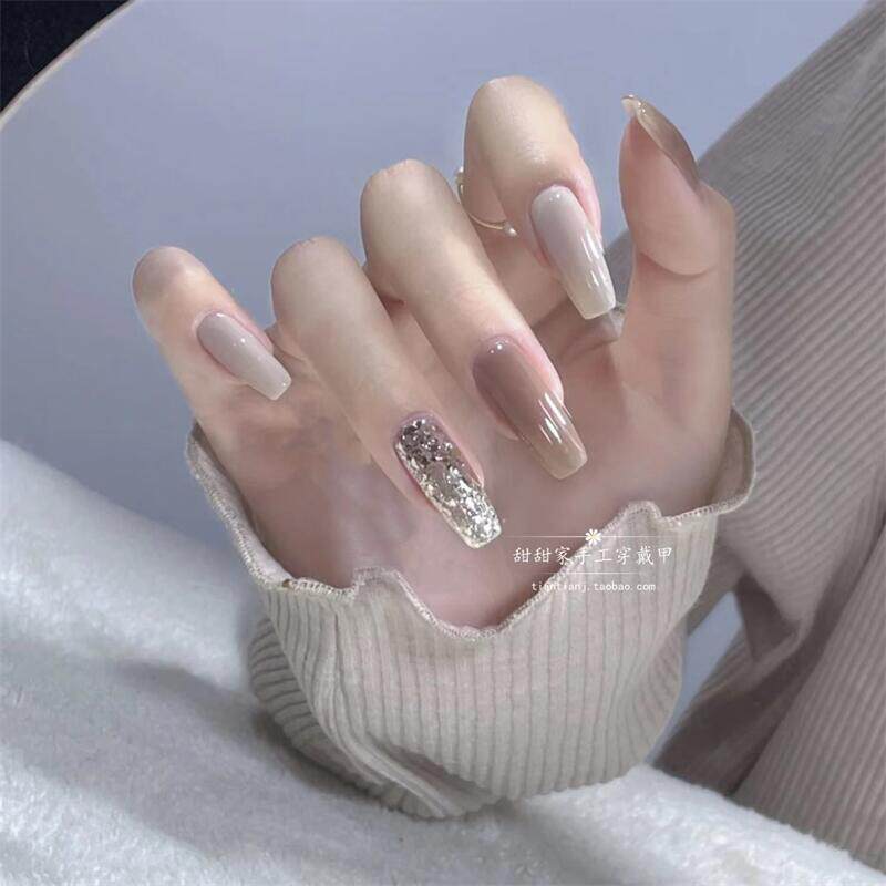 生椰拿铁冰透奶咖色铂金跳色纯色显白美甲假指甲成品贴片穿戴甲