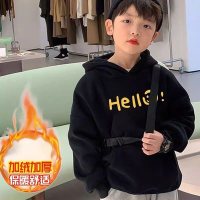 男童加绒卫衣连帽冬款潮牌中大童加厚保暖上衣儿童大男孩冬装童装