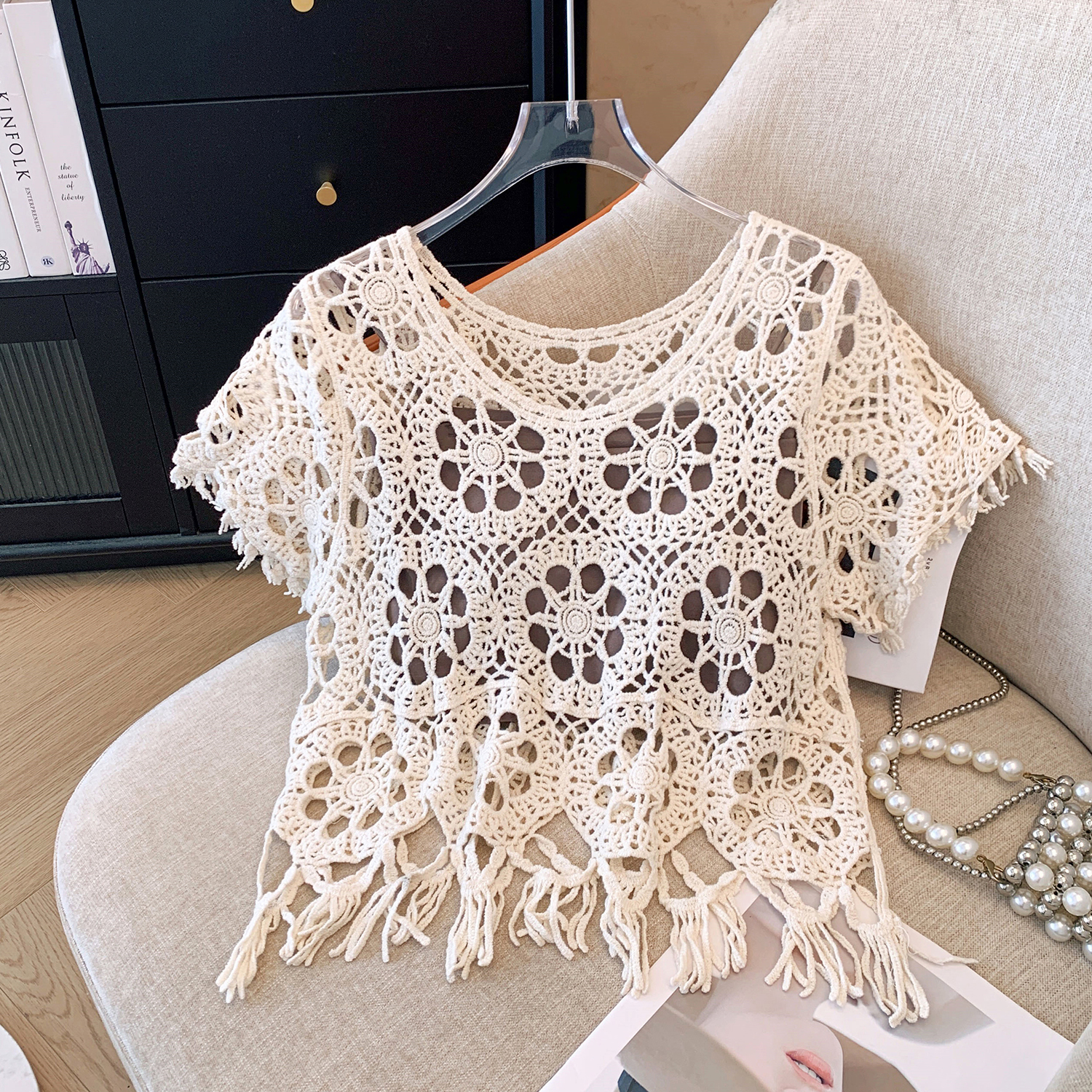 2024新款法式温柔风流苏缕空针织衫高级感气质宽松显瘦上衣