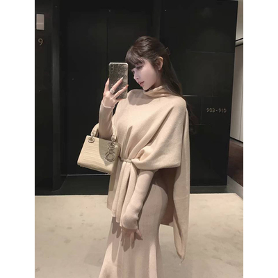 小香风斗篷毛衣外套女秋冬高级感超好看慵懒风高领上衣披肩针织衫