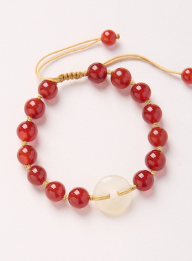 源头工厂天然红玛瑙手绳玛瑙平安扣编织手链寺庙结缘礼物