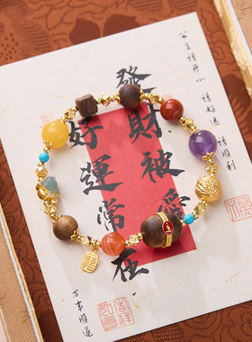 新中式原创设计天然沉香多宝手串十全十美s925银南红蜜蜡手链