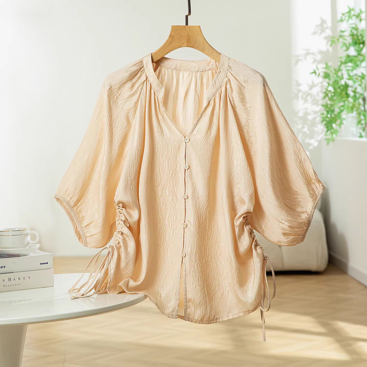 真丝冠乐绉日系甜美抽绳褶皱灯笼袖衬衫女夏季宽松百搭短袖上衣