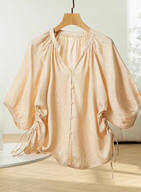 真丝冠乐绉日系甜美抽绳褶皱灯笼袖衬衫女夏季宽松百搭短袖上衣