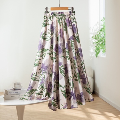 气质高雅 真丝双绉紫鸢花印花半身裙女斜裁大摆太阳裙显瘦不挑人