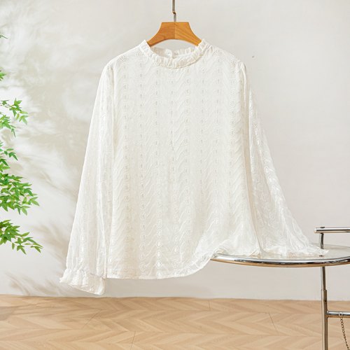 真丝桑蚕丝刺绣白色优雅长袖衬衫女夏木耳边领口不挑人显瘦上衣