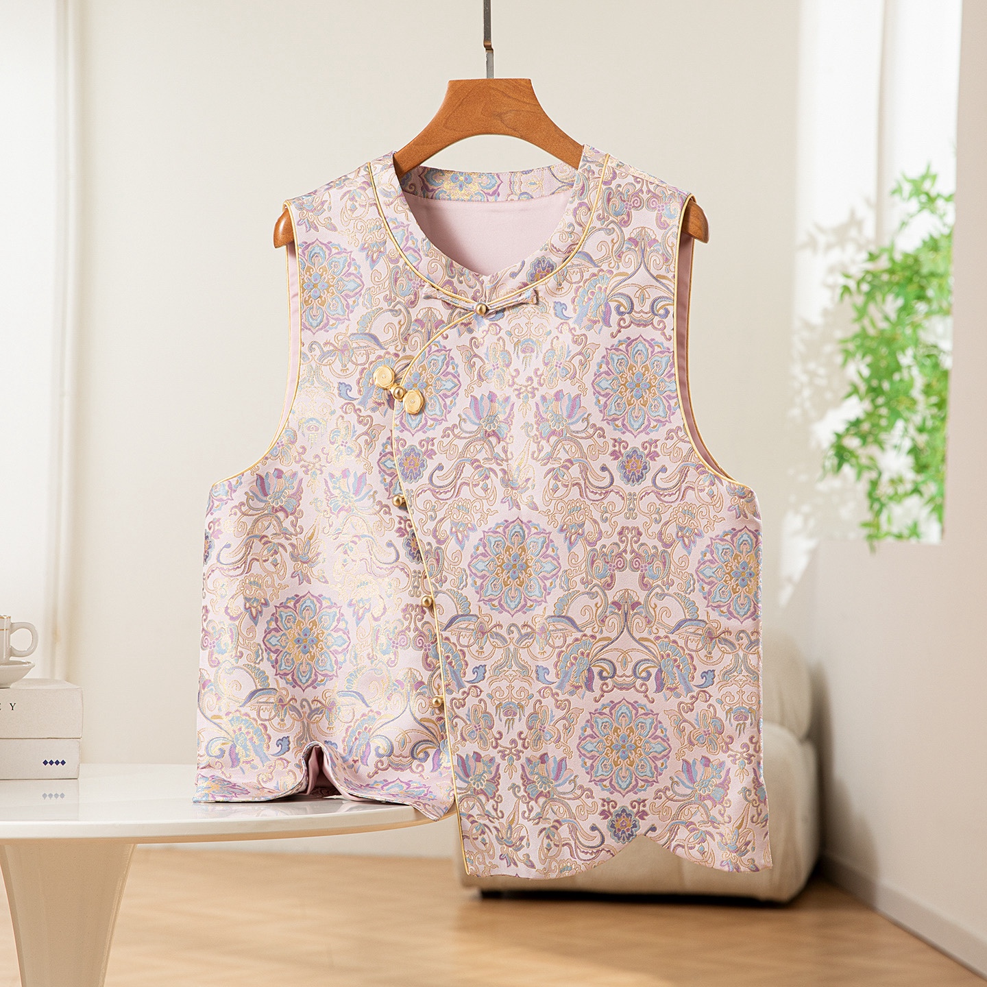 宝相花～真丝桑蚕丝宋锦斜襟马甲圆领新中式国风女背心外穿上衣