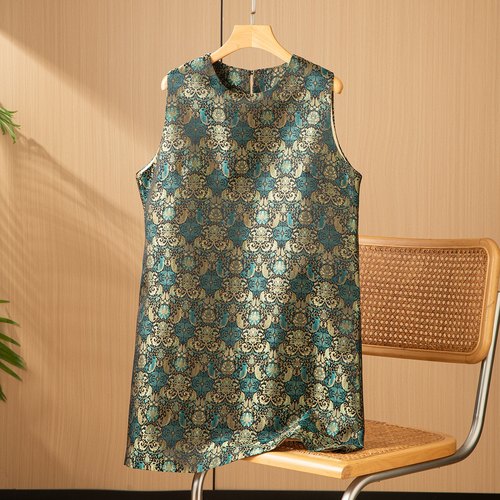奢华大气焦叶莲桑蚕丝宋锦新中式外穿马甲裙圆领无袖背心连衣裙