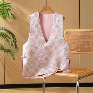 马上有福桑蚕丝宋锦深V外搭马甲女春新中式气质无袖背心外套上衣