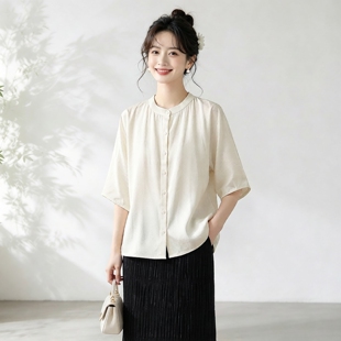 白色百搭款桑蚕丝真丝桑波缎小立领连肩蝙蝠袖宽松衬衫上衣女款