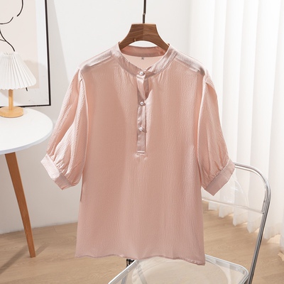 夏季新款桑蚕丝短袖衬衫真丝珍珠缎气质套头女装泡泡袖