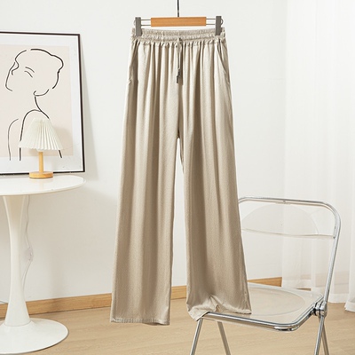 松紧高腰桑蚕丝直筒裤夏季重磅弹力真丝人字纹显瘦阔腿米色休闲裤