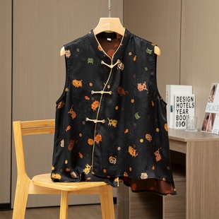 真丝香云纱花萝新中式盘扣无袖上衣女高级感宽松衬衫背心洋气小衫